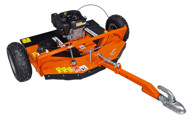 Chapman RM Series ATV Rotary Paddock Topper with Honda 13hp engine; orange mower deck, large knobby wheels.