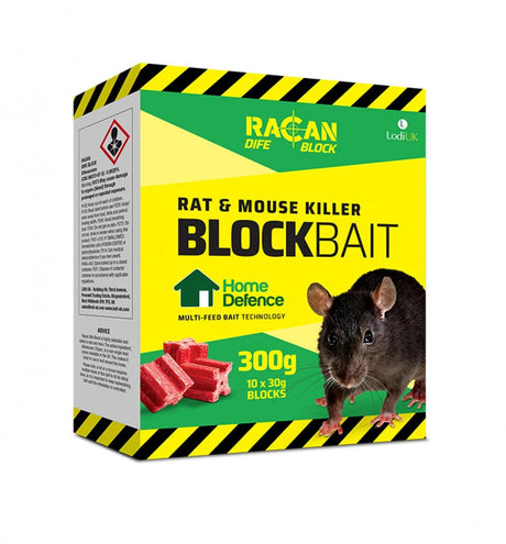 Racan Blockbait Rat & Mouse Killer 300g, 10x30g blocks, difenacoum bait in yellow-green packaging with rat image