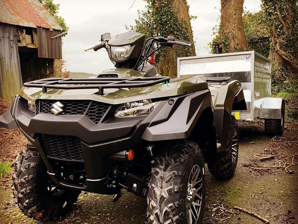 Chapman ST150 ATV and 5x3ft stock trailer, 2-item setup, olive-green ATV with rugged tires, hot-dip galvanised trailer.