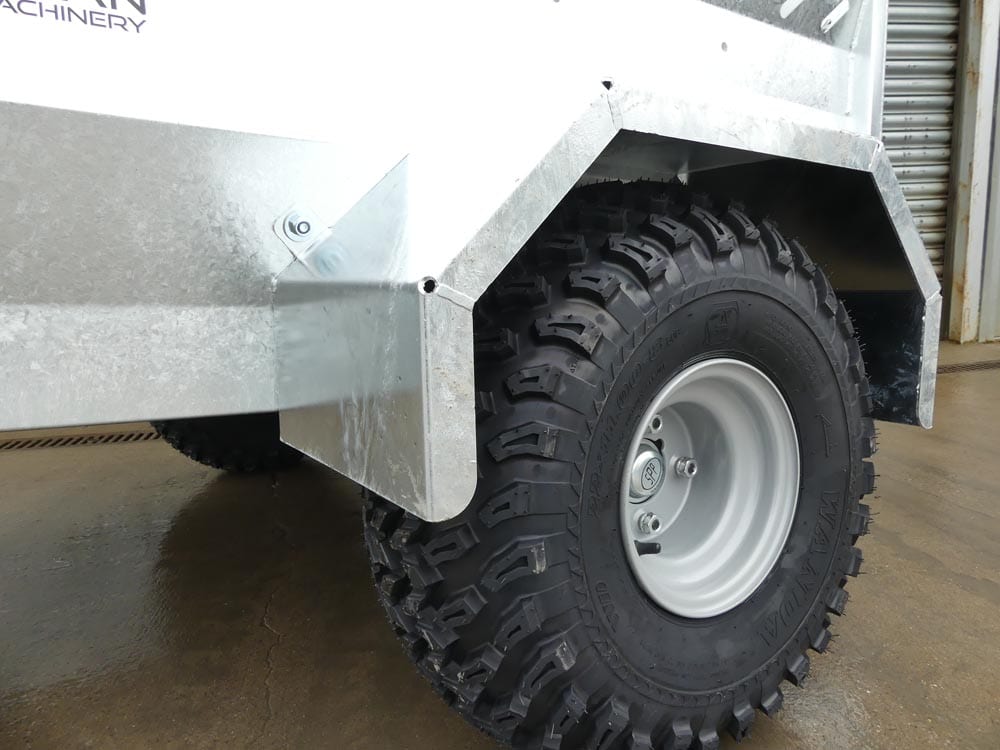 Chapman ATV stock trailer, hot-dip galvanised steel body with rugged off-road tire.