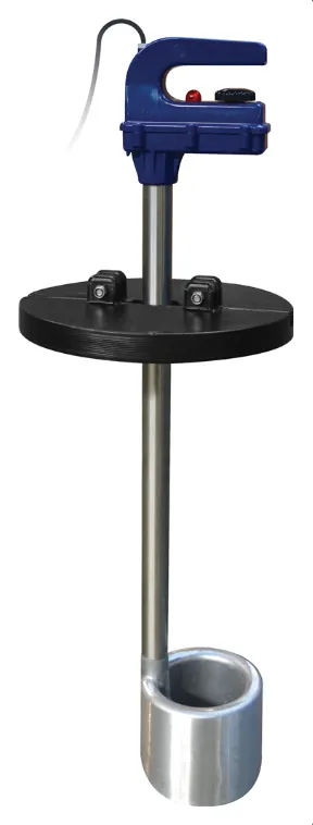 Heater collar for 350mm lid on milk karts; blue clamp with stainless steel shaft and mounting disc.