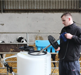 Heater collar HL350-HC for milk cart lid; white milk kart reservoir with black lid and blue motor by JFC Agri