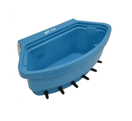 6-teat calf feeder in blue with black teat nipples and JFC Agri branding.