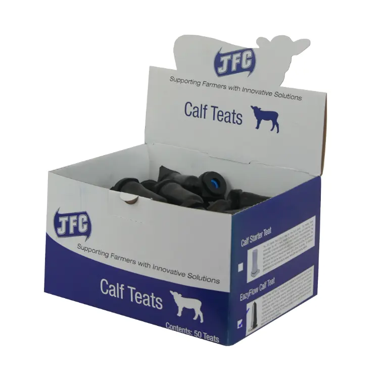 Calf Teats box of 50 by JFC Agri EazyFlow CT9-50 with black teat nipples in blue and white packaging