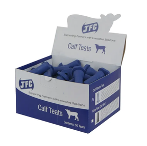 Calf Teats, box of 50 blue starter CT50, by JFC Agri; blue silicone teats in a white-and-blue box.