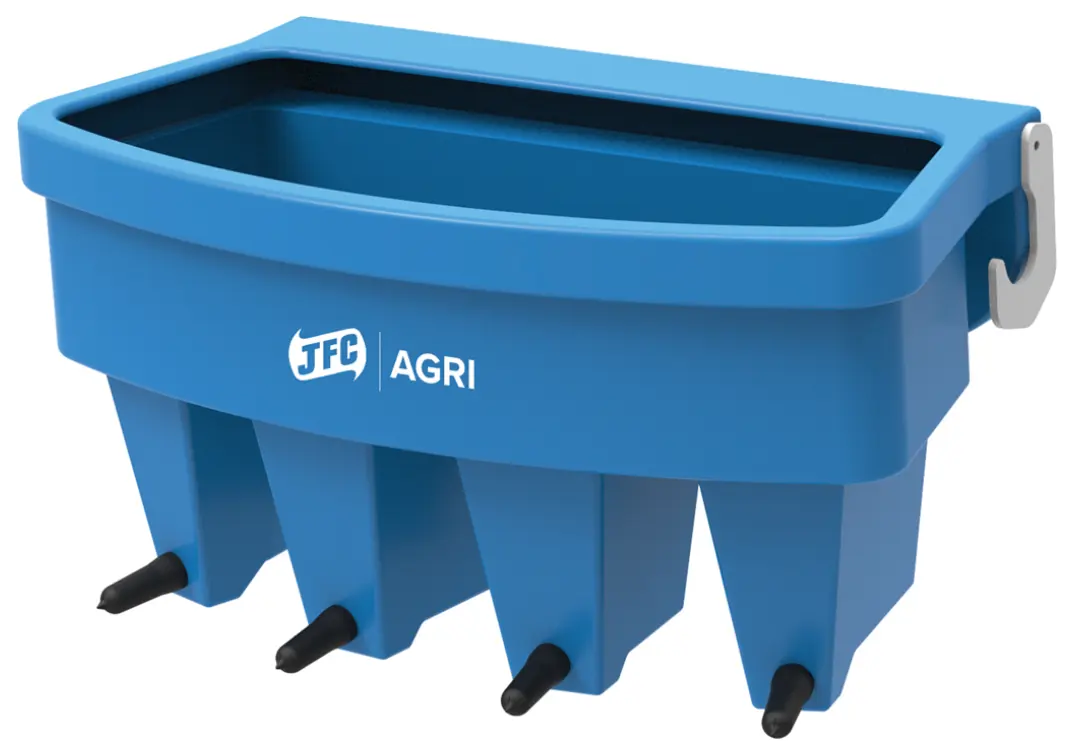 4-Teat Calf Feeder - EazyFlow Teat, blue plastic with JFC Agri branding