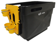 Calf housing unit CC-02 by JFC Agri, black indoor calf crib with yellow mounting panel and three yellow feed buckets.