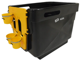 Calf housing unit CC-02 by JFC Agri, black indoor calf crib with yellow mounting panel and three yellow feed buckets.