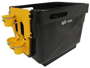 Calf housing unit CC-02 by JFC Agri, black indoor calf crib with yellow mounting panel and three yellow feed buckets.