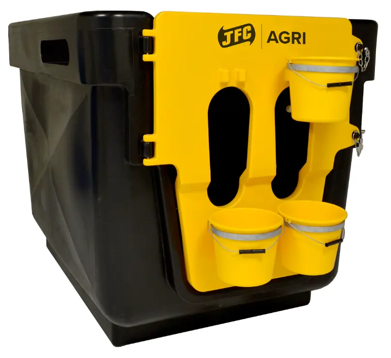 Calf housing unit by JFC Agri, yellow front panel on black body with two feeding buckets; 60kg capacity.