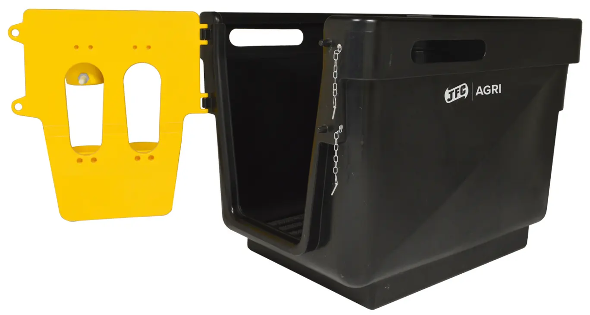 Large calf crib housing unit by JFC Agri, black indoor calf pen with yellow front door, 60kg capacity