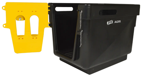 Large calf crib housing unit by JFC Agri, black indoor calf pen with yellow front door, 60kg capacity