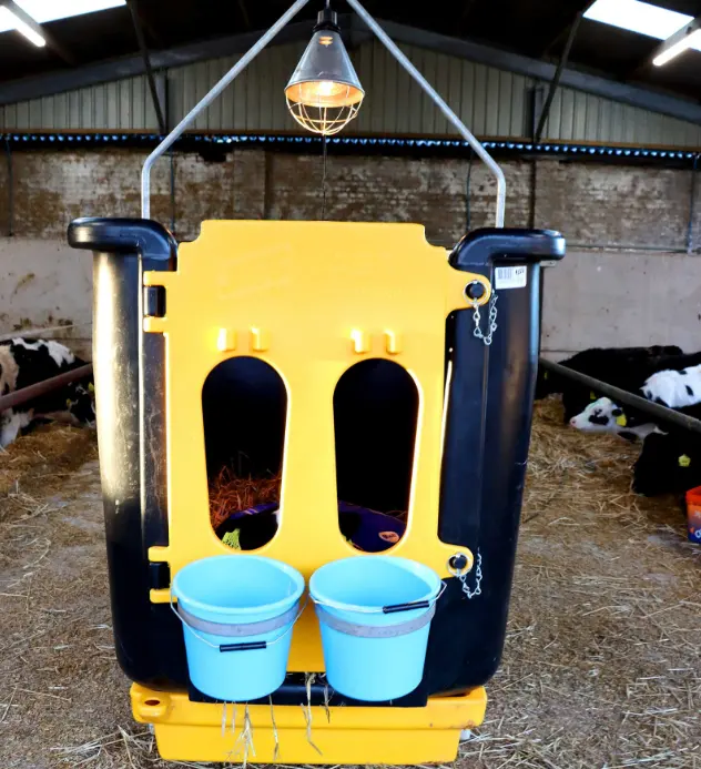 JFC Agri Calf Isolation Unit with Bunded Tray, yellow housing and two blue buckets
