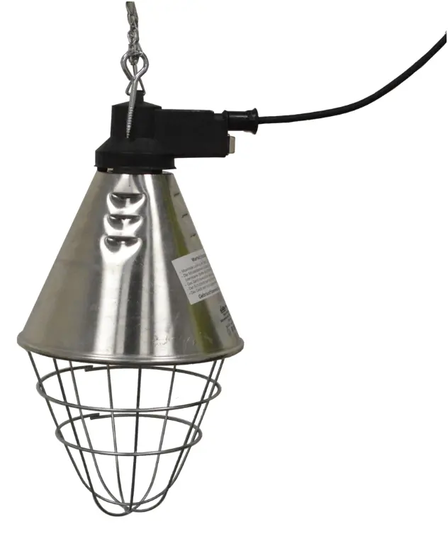 JFC Agri infrared heat lamp fixture with metal reflector and wire guard for calf housing; bulb not included.