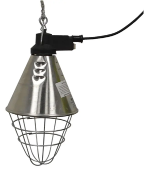 JFC Agri infrared heat lamp fixture with metal reflector and wire guard for calf housing; bulb not included.