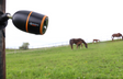 JFC Agri FarmCam Mobility S 4G surveillance camera (black/orange) mounted on a post overlooking a pasture with horses.