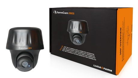 JFC Agri FarmCam 360S wireless farm camera in black, solar-compatible, shown with its box.