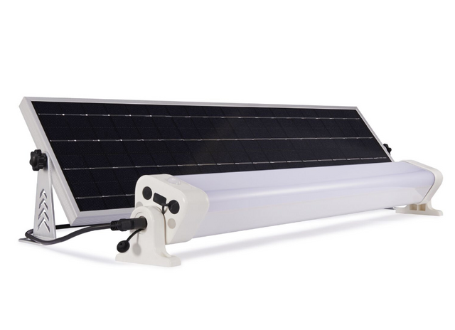 JFC Agri Apollo Solar Batten Light - IP65 indoor solar LED ceiling fixture, white with solar panel