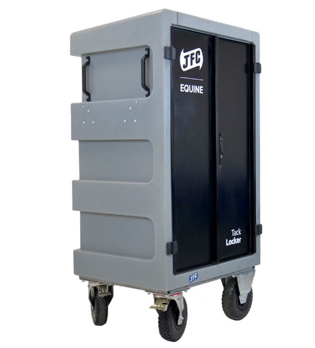 JFC Agri Equine Tack Locker light grey wheeled horse tack storage box with lockable doors.