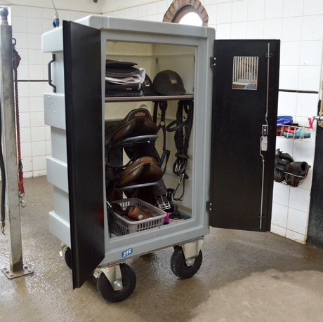 JFC Agri Equine Tack Locker in light gray with wheels, lockable horse tack storage with saddles and bridles