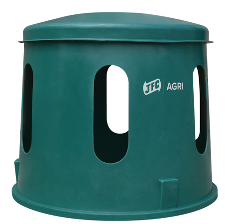 JFC Mini Haybell Sheep Feeder, 6-port hay bale feeder for livestock in teal plastic with JFC Agri branding.
