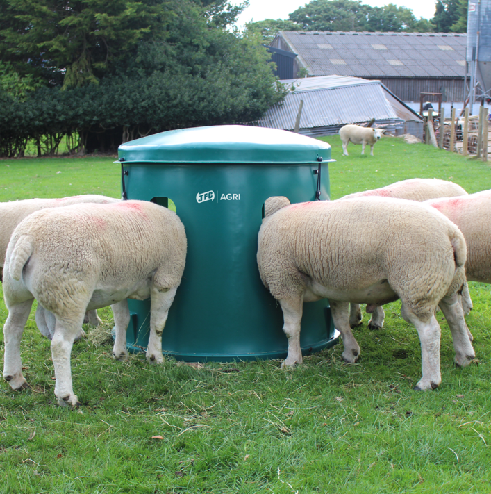 JFC Mini Haybell Sheep Feeder, 6-Port hay bale feeder, green plastic, no metal, JFC Agri.