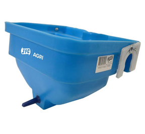 JFC Agri single-teat lamb feeder, blue gravity-feed livestock feeder with gate/fence mount.
