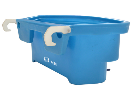 JFC Agri 6-teat lamb feeder, blue gravity-feed trough with gate or fence mount