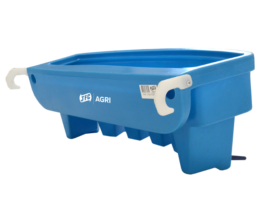Lamb feeder with 6-teat compartments, JFC Agri blue gate/fence-mount feeder.