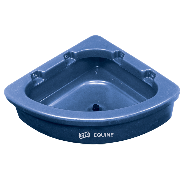 JFC Corner Feeder blue for horses with stable corner mount and feed retention lip