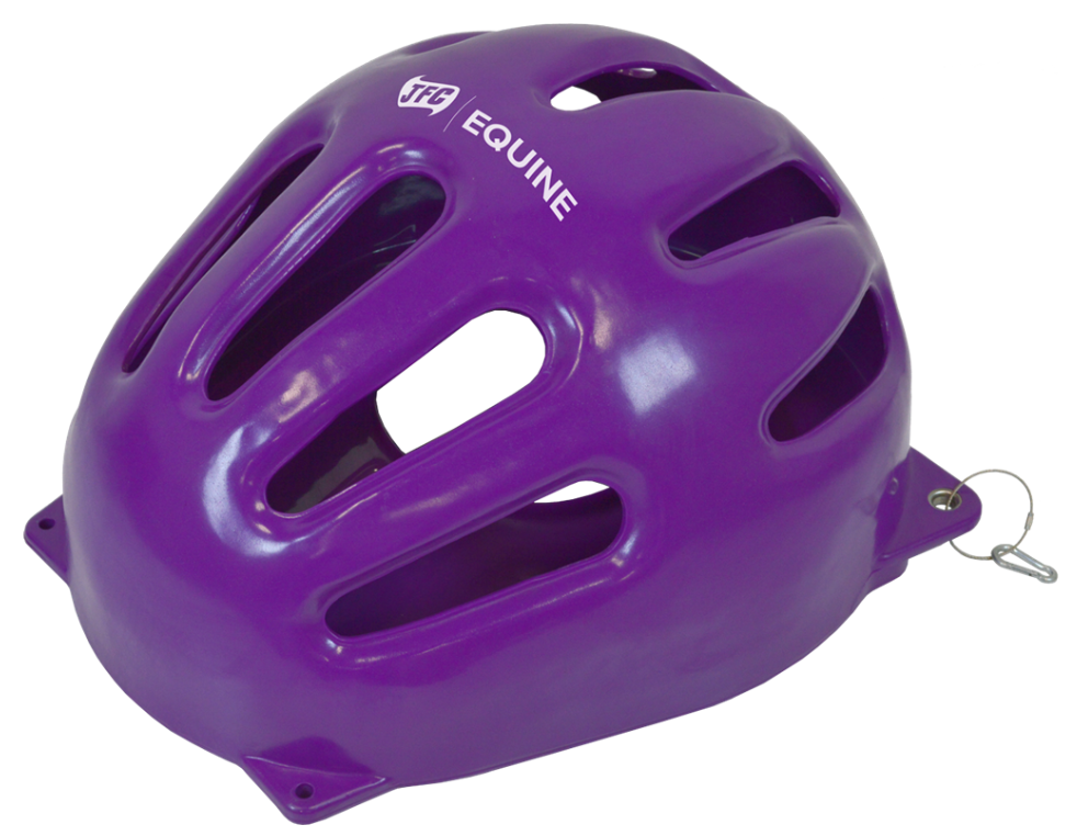 Tear Drop Wall Hay Feeder in purple plastic with fixing bracket; JFC Agri slow-feed design for horse feed.