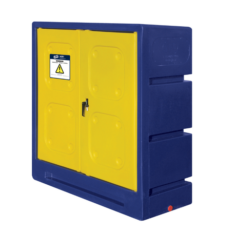 JFC Agri chemical storage cabinet, navy body with bright yellow double doors, 700L capacity, 125L Bund