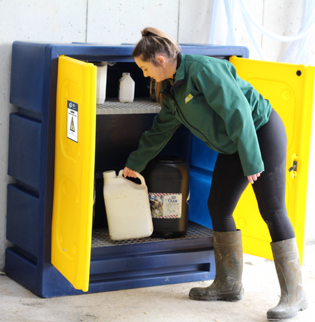 JFC Agri large chemical storage cabinet, navy and yellow, 700L capacity