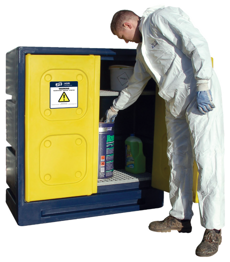 JFC Agri large chemical storage cabinet navy and yellow, 700L, open door with chemical containers