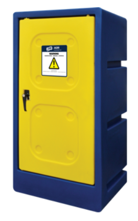 JFC Agri medium chemical storage cabinet, navy blue frame with yellow door, 380L capacity, 60L Bund, SC-02