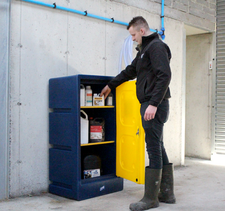 JFC medium chemical storage cabinet navy & yellow, 380L, open with bottles on interior shelves.