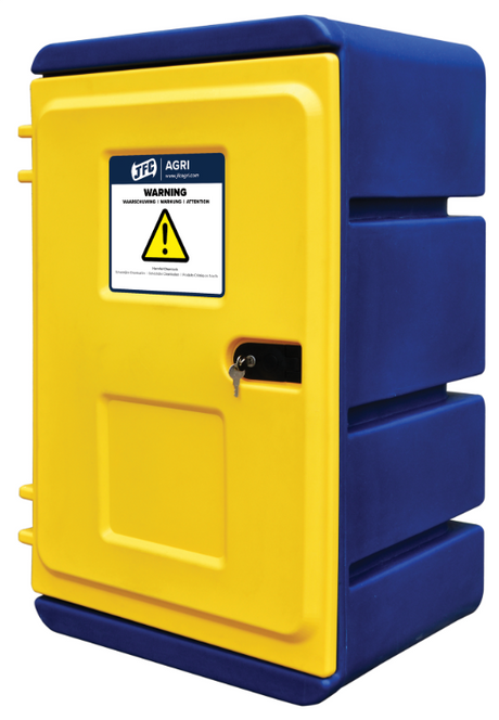 JFC Agri chemical storage cabinet; yellow front panel on blue body, lockable, 180L capacity, wall-mount SC-03