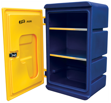 JFC Agri chemical storage cabinet; navy blue body with yellow door, 180L capacity, wall-mount, SC-03
