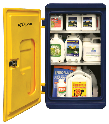 JFC Agri chemical storage cabinet, navy blue with yellow door, 180L capacity, wall-mount, stocked with bottles
