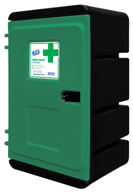 JFC Medisafe lockable medical cabinet, green front with black housing, wall-mount, 16L capacity
