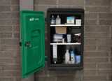 Wall-mounted JFC Medisafe lockable medical cabinet; two cabinets: green Agri unit beside a black cabinet with shelves.