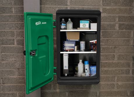 Wall-mounted JFC Medisafe lockable medical cabinet; two cabinets: green Agri unit beside a black cabinet with shelves.