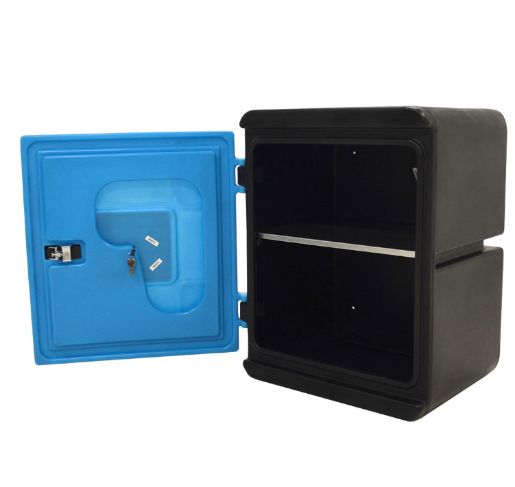 JFC Medi-Safe Storage Cabinet Black and Blue, 135L, wall-mount medical cabinet with blue door and inner shelf