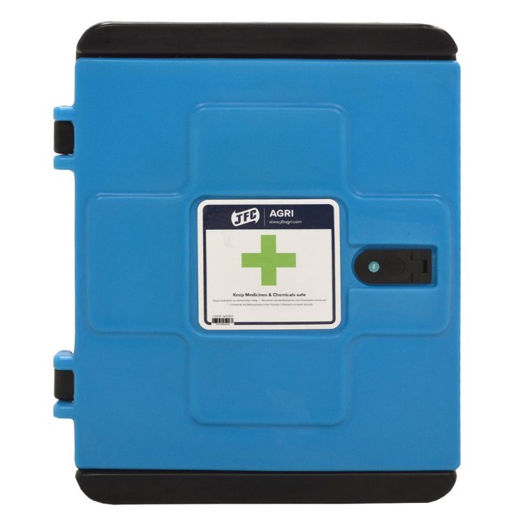 JFC Medi-Safe storage cabinet, blue with black top and bottom, wall-mount, 135L capacity, JFC Agri label
