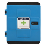 JFC Medi-Safe storage cabinet, blue with black top and bottom, wall-mount, 135L capacity, JFC Agri label