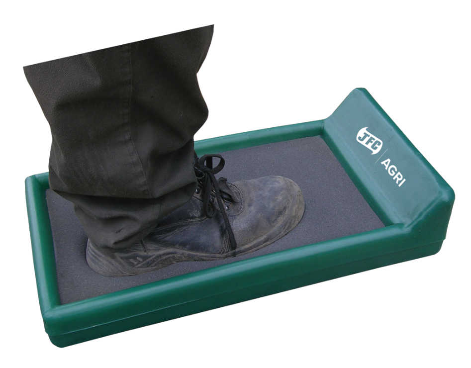 JFC Agri personnel footbath with foam pad insert, green plastic base; boot on pad