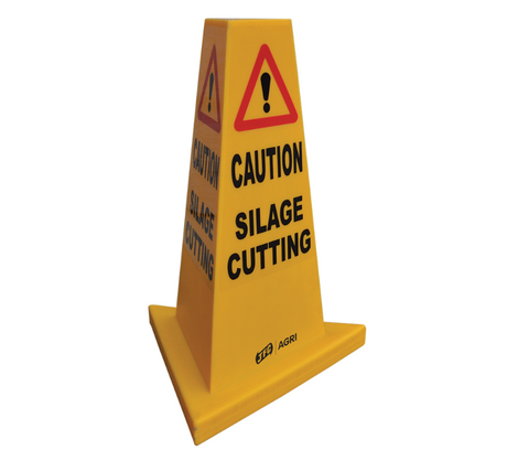 Traffic cone by JFC Agri, heavy-duty yellow with CAUTION SILAGE CUTTING lettering and warning triangle