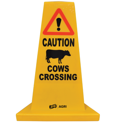 Traffic cone with yellow body displaying CAUTION COWS CROSSING and cow silhouette, JFC Agri logo