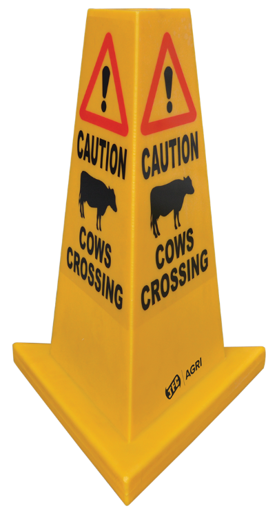 JFC Agri traffic cone, yellow, heavy-duty, cows crossing warning with cow silhouettes
