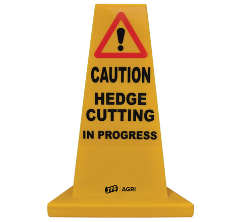 Traffic cone warning sign by JFC Agri: hedge cutting in progress, yellow with exclamation triangle